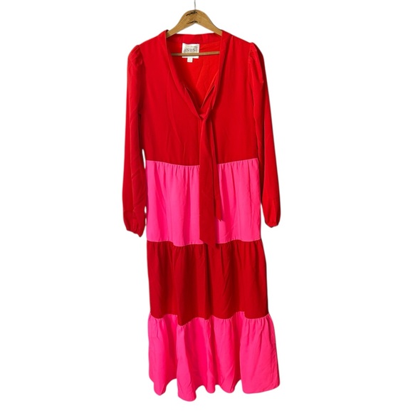 Sail to Sable | Women’s Red/Pink Colorblocked Multi Tier Tie Vneck Midi Dress, S - Picture 2 of 16